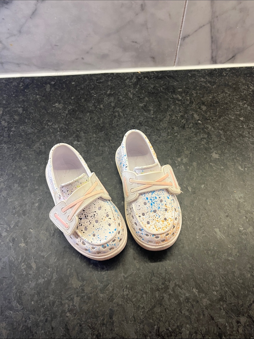 Kids SPERRY White Splash-Print Slip-On Shoes with Pink Accents